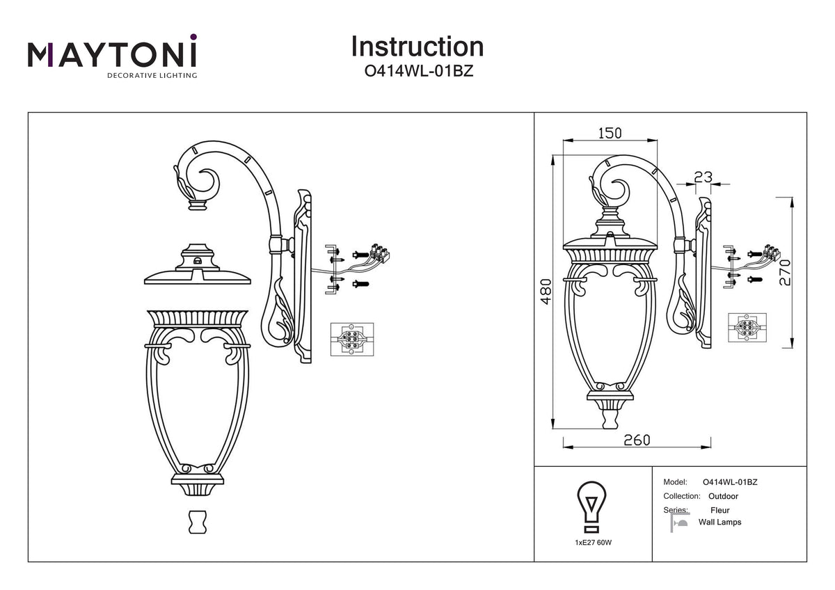 Lampa ścienna Outdoor Fleur IP44 1xE27 O414WL-01BZ | Brąz antyczny
