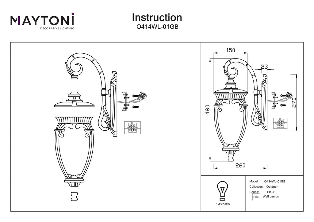 Lampa ścienna Outdoor Fleur IP44 1xE27 O414WL-01GB | Czarny ze złotem