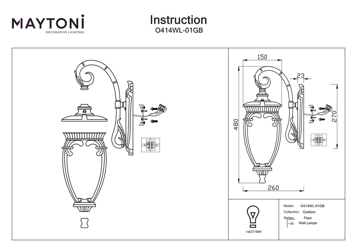 Lampa ścienna Outdoor Fleur IP44 1xE27 O414WL-01GB | Czarny ze złotem