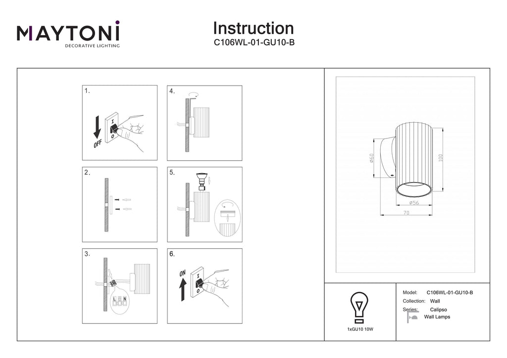 Lampa ścienna Technical Calipso IP20 1xGU10 C106WL-01-GU10-B | Czarny