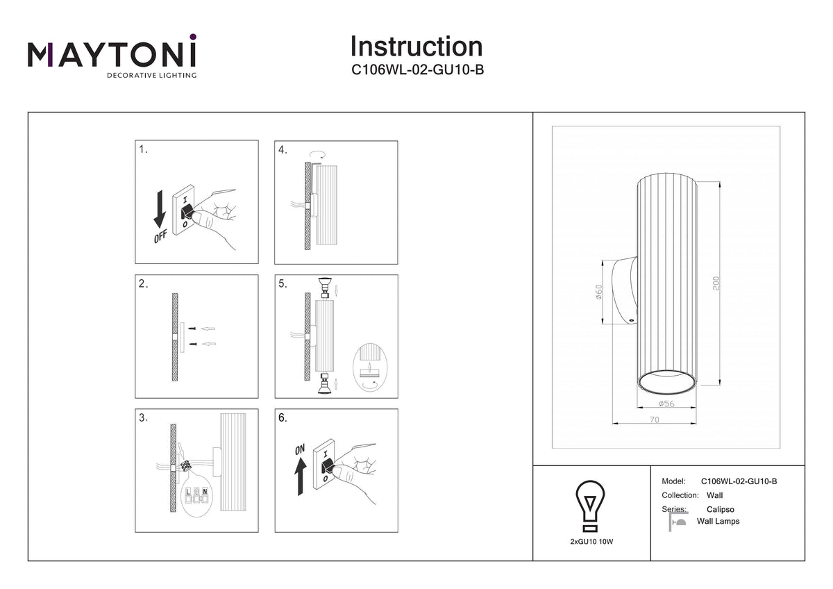 Lampa ścienna Technical Calipso IP20 2xGU10 C106WL-02-GU10-B | Czarny
