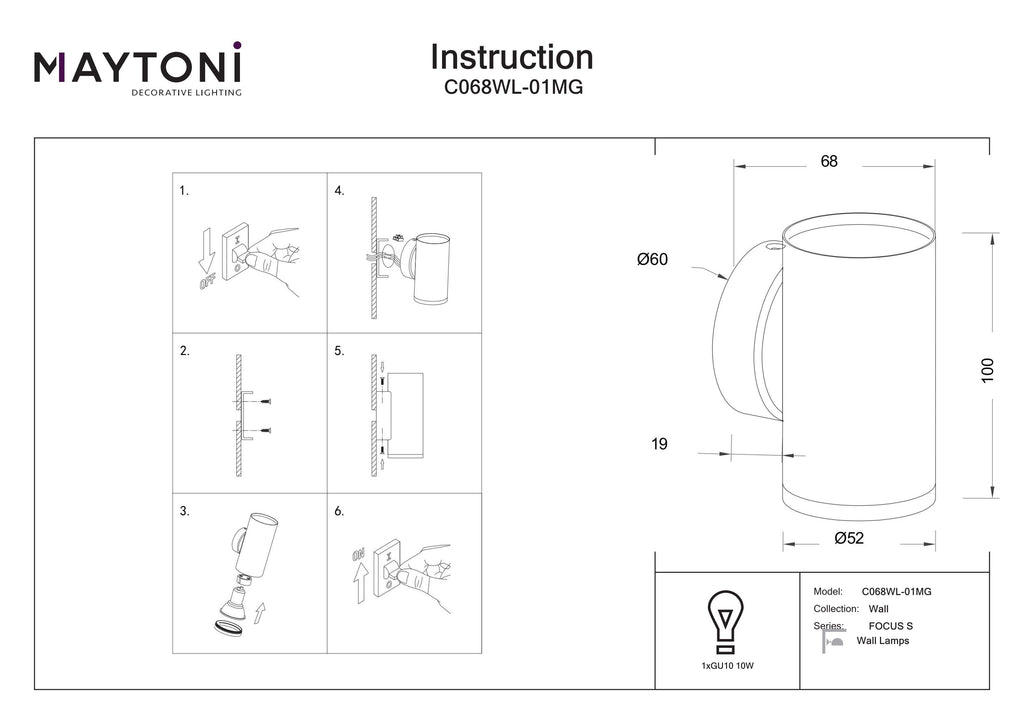 Lampa ścienna Technical FOCUS S IP20 1xGU10 C068WL-01MG | Matowe złoto