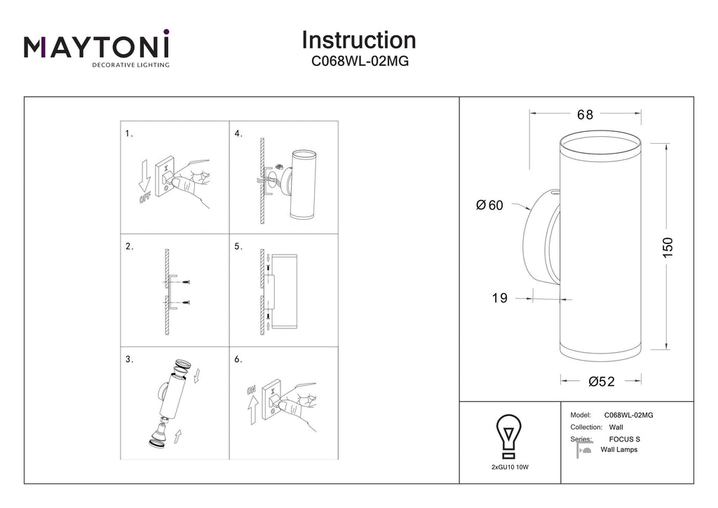 Lampa ścienna Technical FOCUS S IP20 2xGU10 C068WL-02MG | Matowe złoto