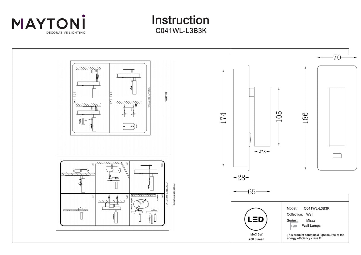 Lampa ścienna Technical Mirax IP20 x C041WL-L3B3K | Czarny