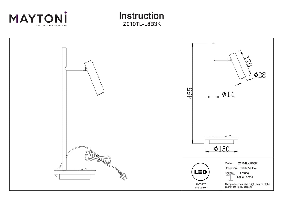 Lampa stołowa Maytoni Estudo IP20 x Z010TL-L8B3K | Czarny