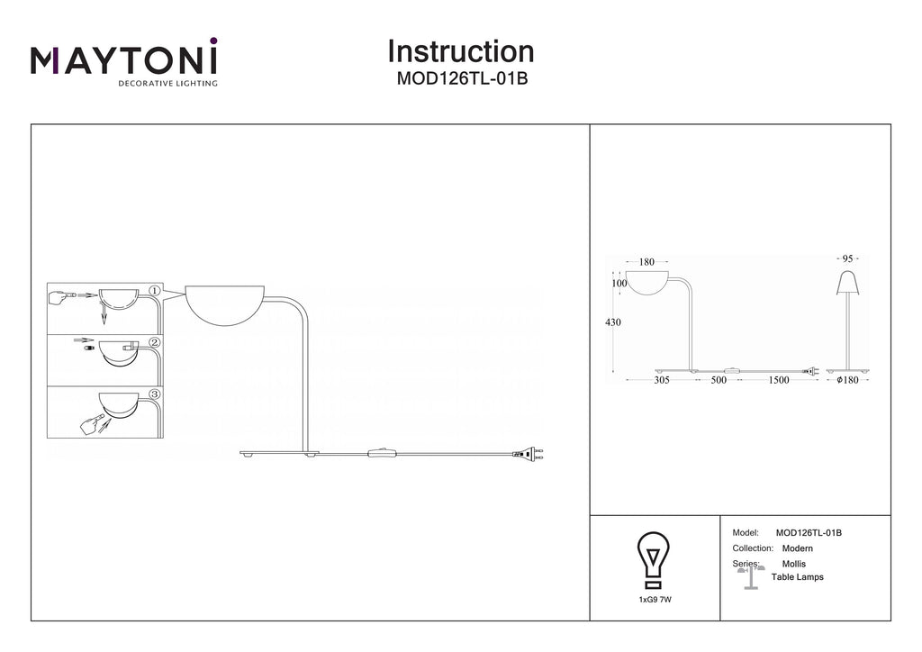 Lampa stołowa Maytoni Mollis IP20 1xG9 MOD126TL-01B | Czarny