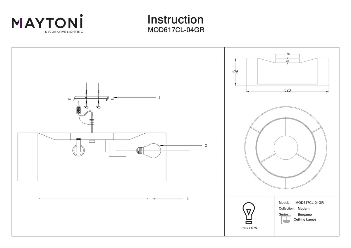 Lampa sufitowa Maytoni Bergamo IP20 3xE27 MOD617CL-04GR | Chrom