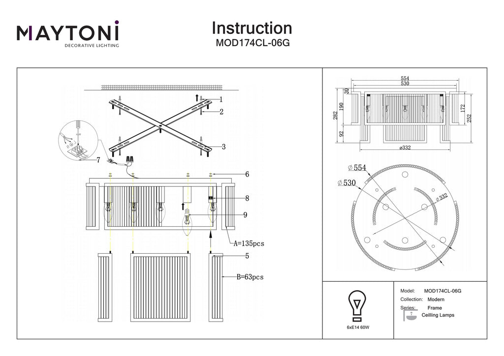 Lampa sufitowa Maytoni Frame IP20 6xE14 MOD174CL-06G | Złoto