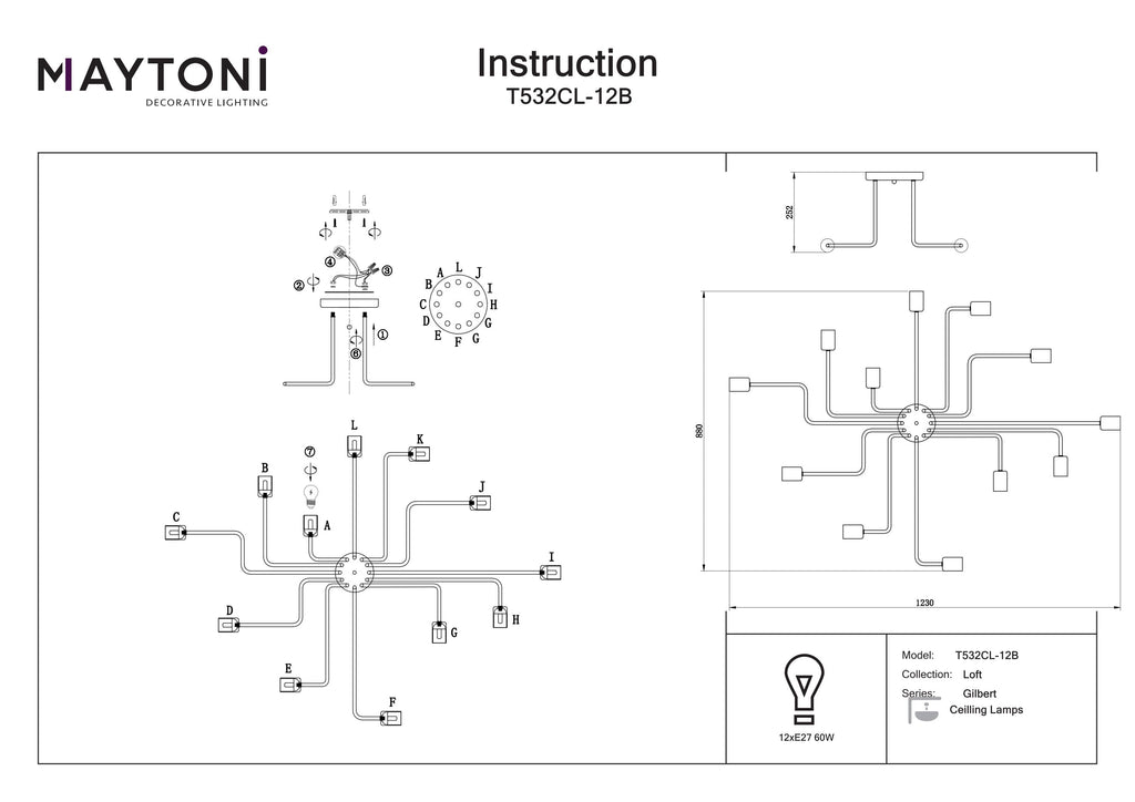 Lampa sufitowa Maytoni Gilbert IP20 12xE27 T532CL-12B | Czarny