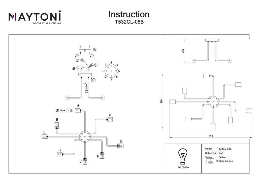 Lampa sufitowa Maytoni Gilbert IP20 8xE27 T532CL-08B | Czarny