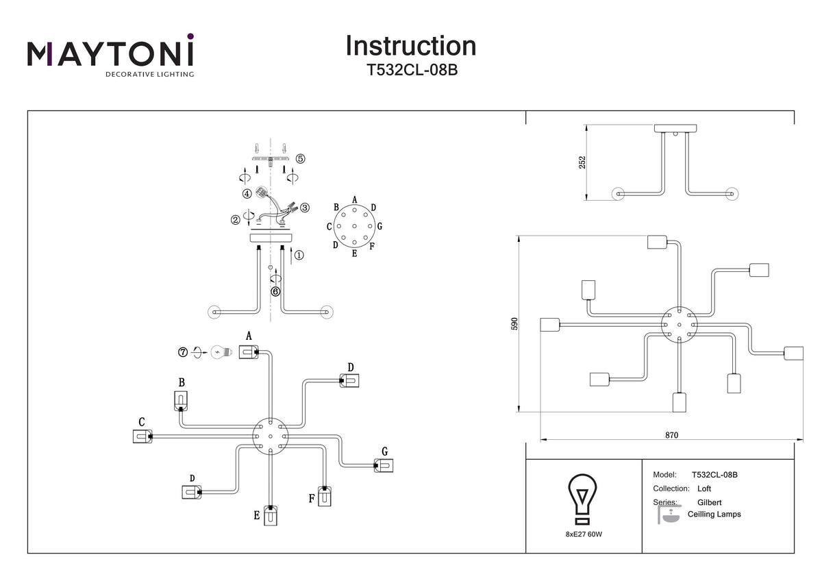 Lampa sufitowa Maytoni Gilbert IP20 8xE27 T532CL-08B | Czarny