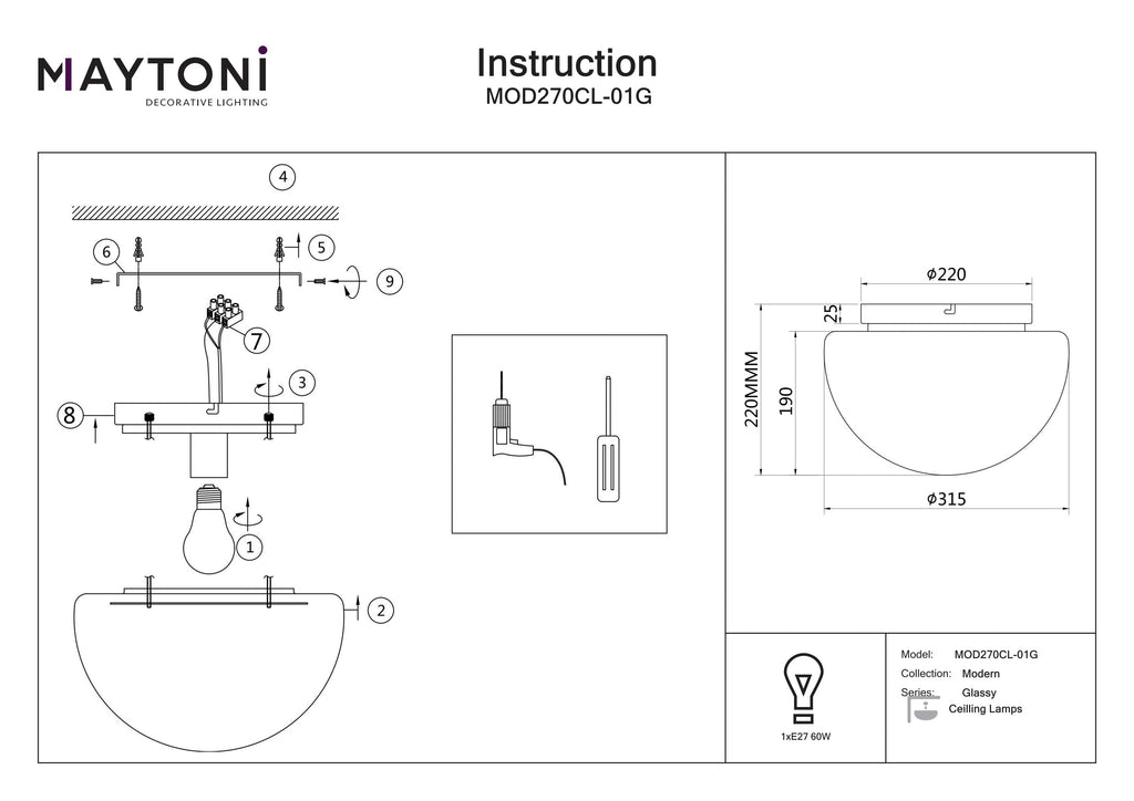 Lampa sufitowa Maytoni Glassy IP20 1xE27 MOD270CL-01G | Złoto