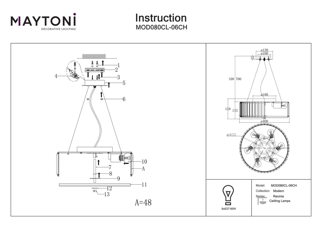 Lampa sufitowa Maytoni Recinto IP20 6xE27 MOD080CL-06CH | Chrom