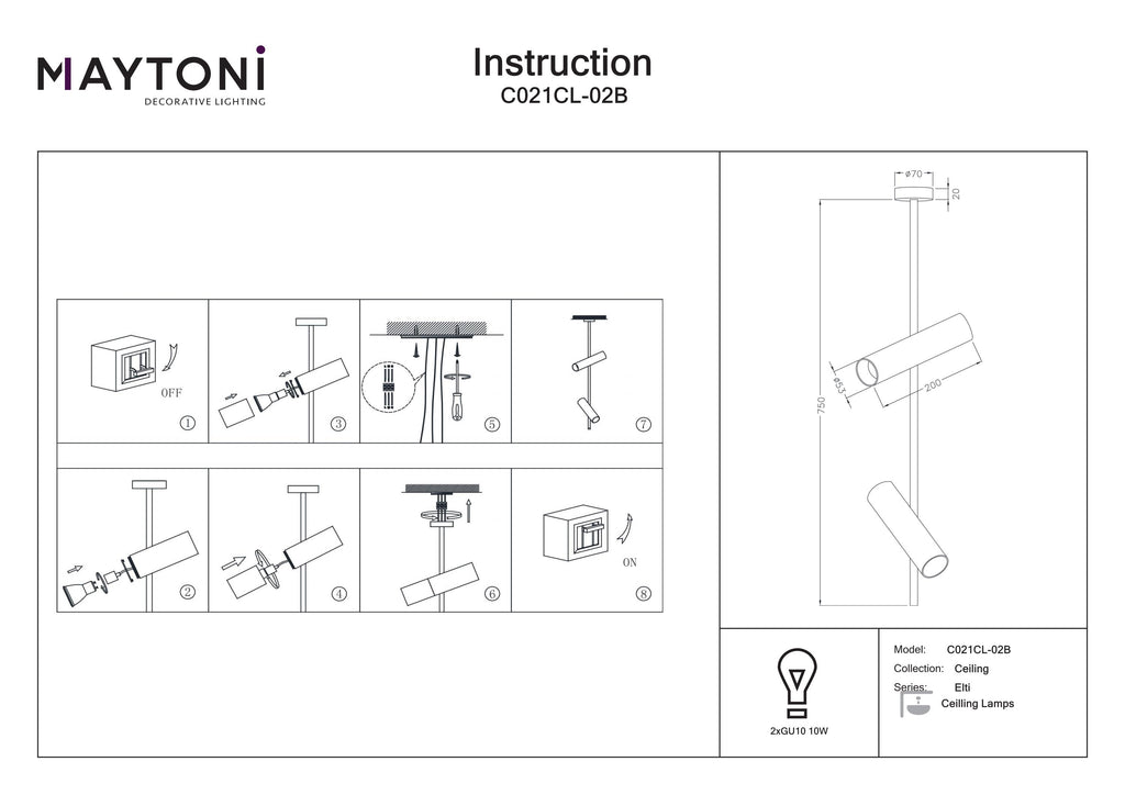 Lampa sufitowa Technical Elti IP20 2xGU10 C021CL-02B | Czarny