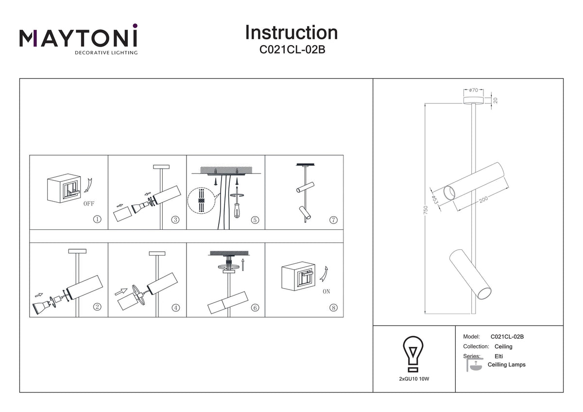 Lampa sufitowa Technical Elti IP20 2xGU10 C021CL-02B | Czarny