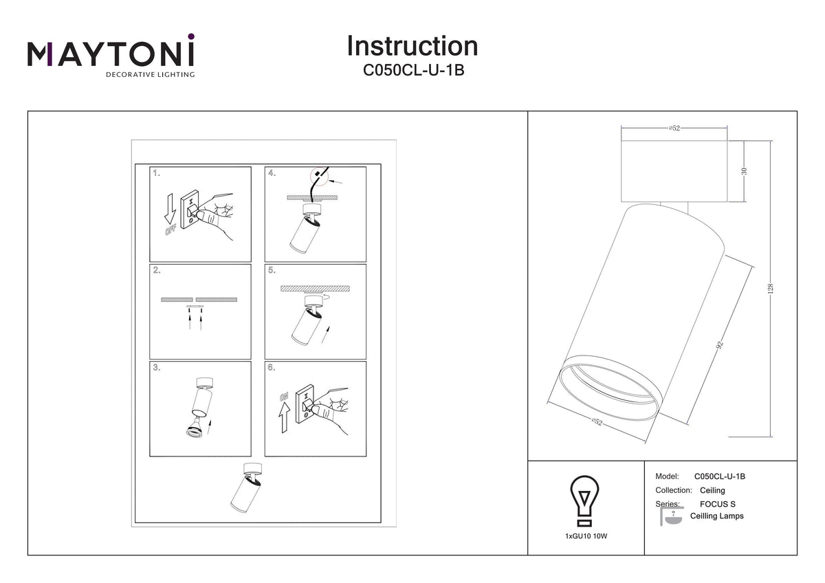 Lampa sufitowa Technical FOCUS S IP20 1xGU10 C050CL-U-1B | Czarny