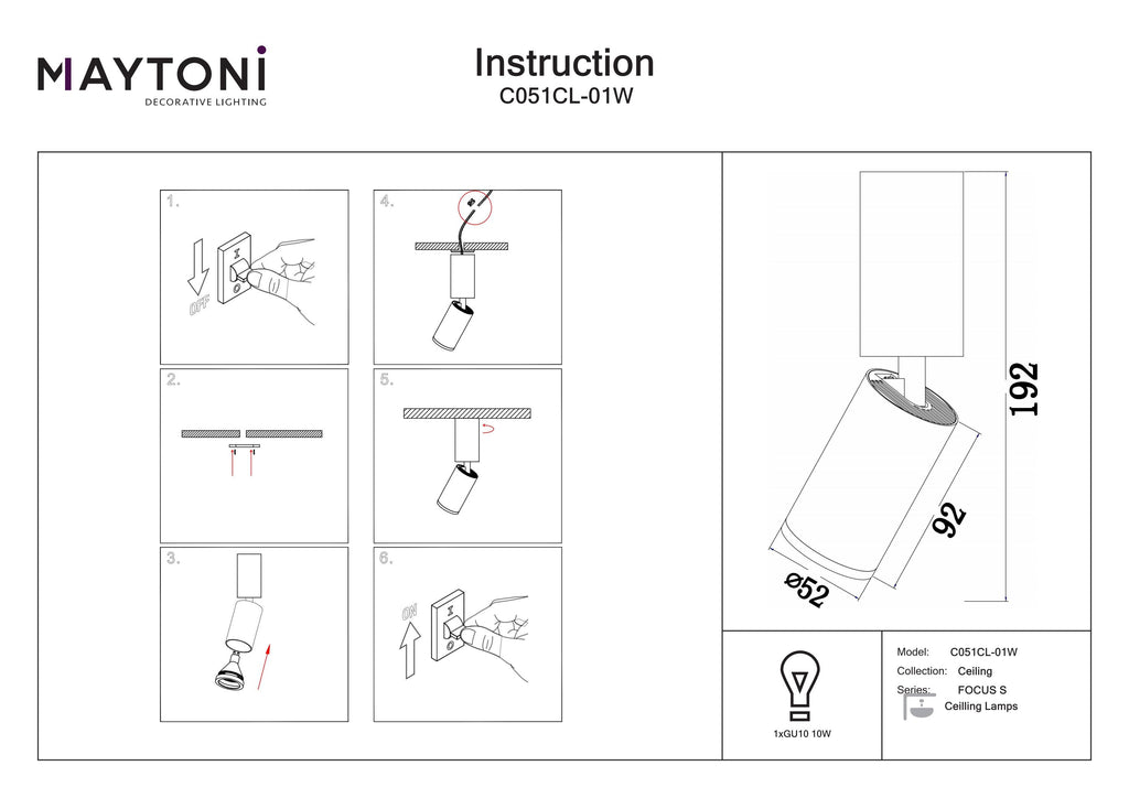 Lampa sufitowa Technical FOCUS S IP20 1xGU10 C051CL-01W | Biały