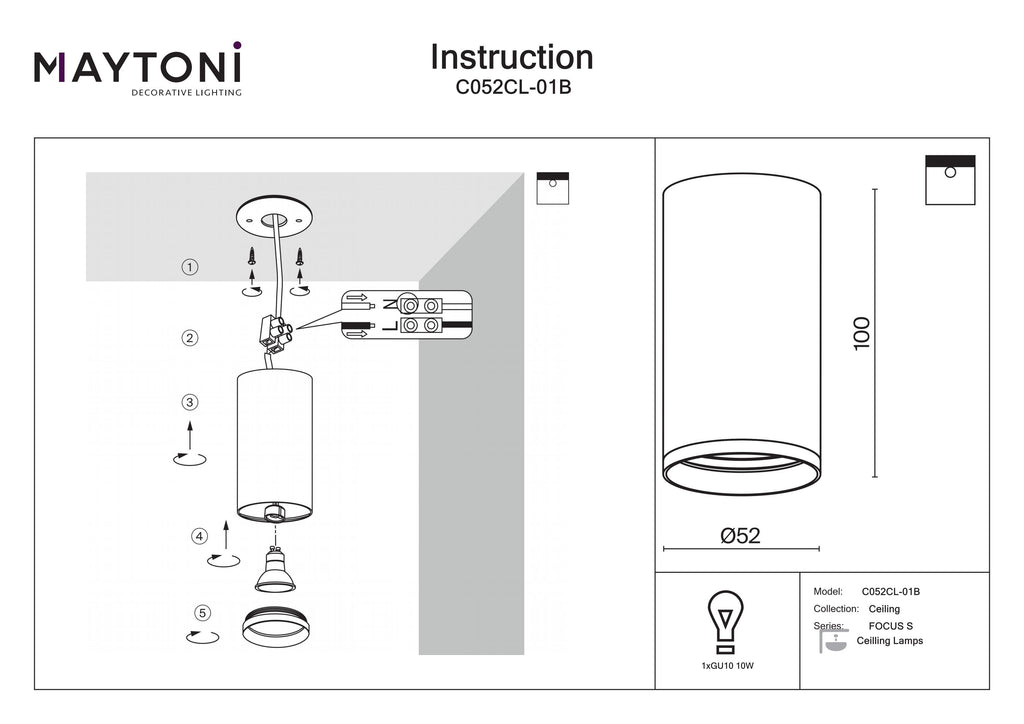 Lampa sufitowa Technical FOCUS S IP20 1xGU10 C052CL-01B | Czarny
