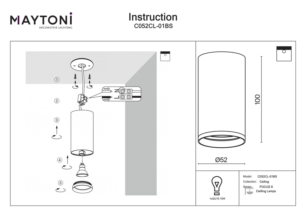 Lampa sufitowa Technical FOCUS S IP20 1xGU10 C052CL-01BS | Mosiądz