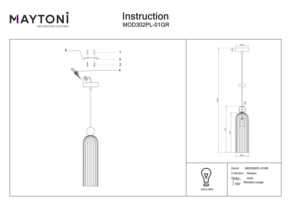 Lampa wisząca Maytoni Antic IP20 1xE14 MOD302PL-01GR | Złoto