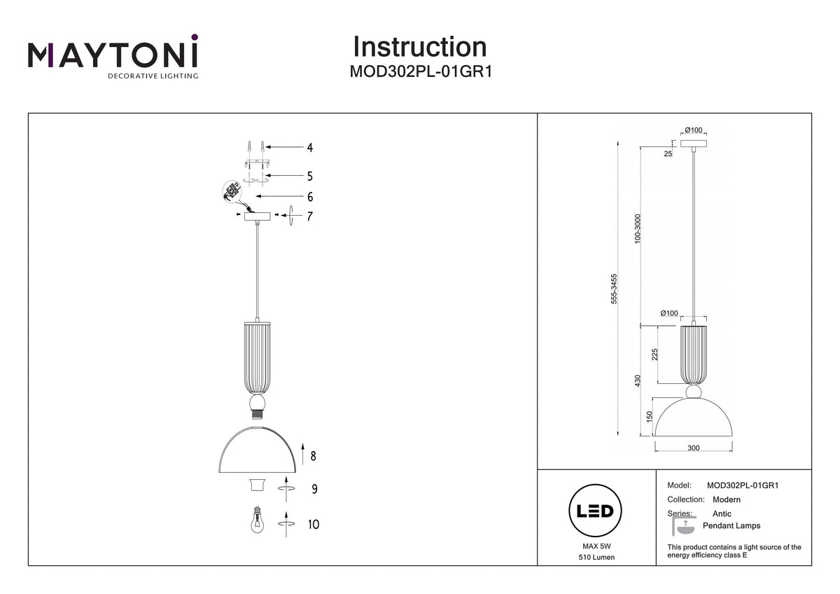 Lampa wisząca Maytoni Antic IP20 1xE27 MOD302PL-01GR1 | Złoto