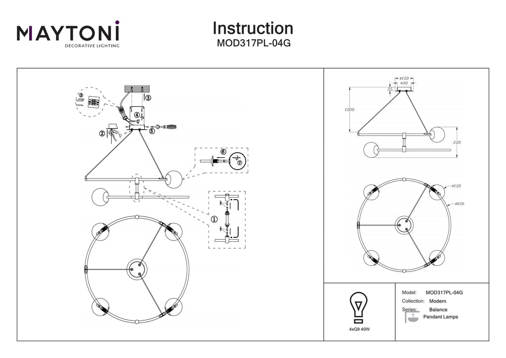 Lampa wisząca Maytoni Balance IP20 4xG9 MOD317PL-04G | Złoto