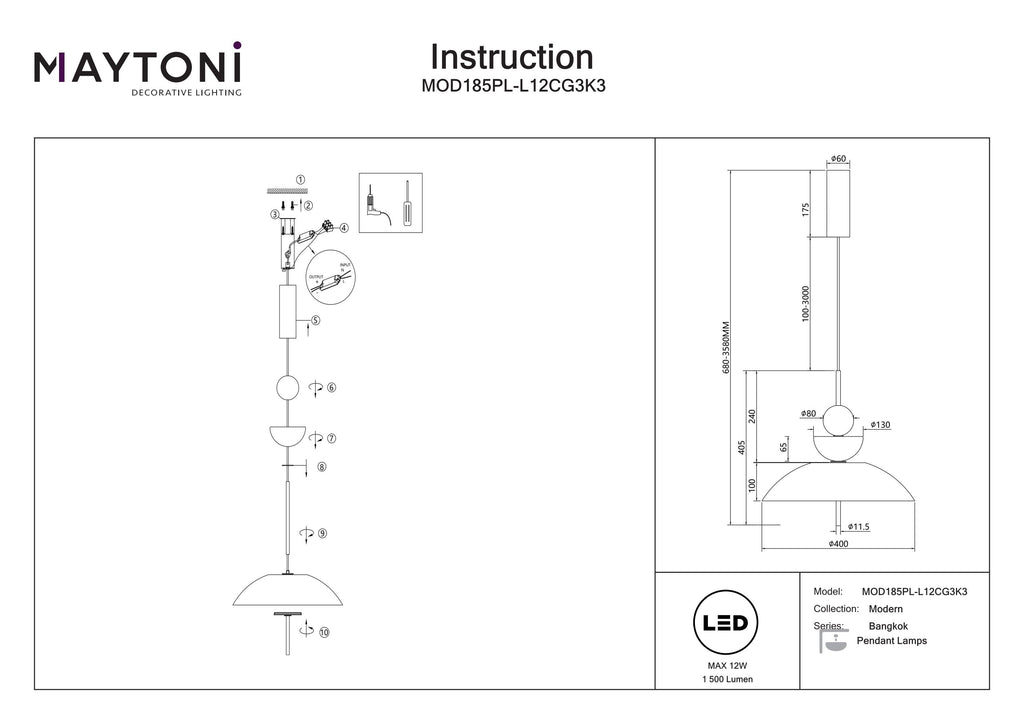 Lampa wisząca Maytoni Bangkok IP20 x MOD185PL-L12CG3K3 | Czarny