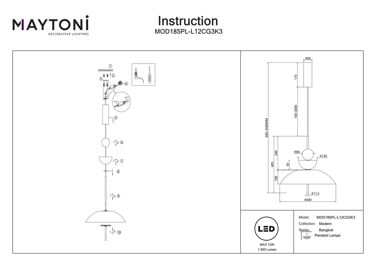 Lampa wisząca Maytoni Bangkok IP20 x MOD185PL-L12CG3K3 | Czarny