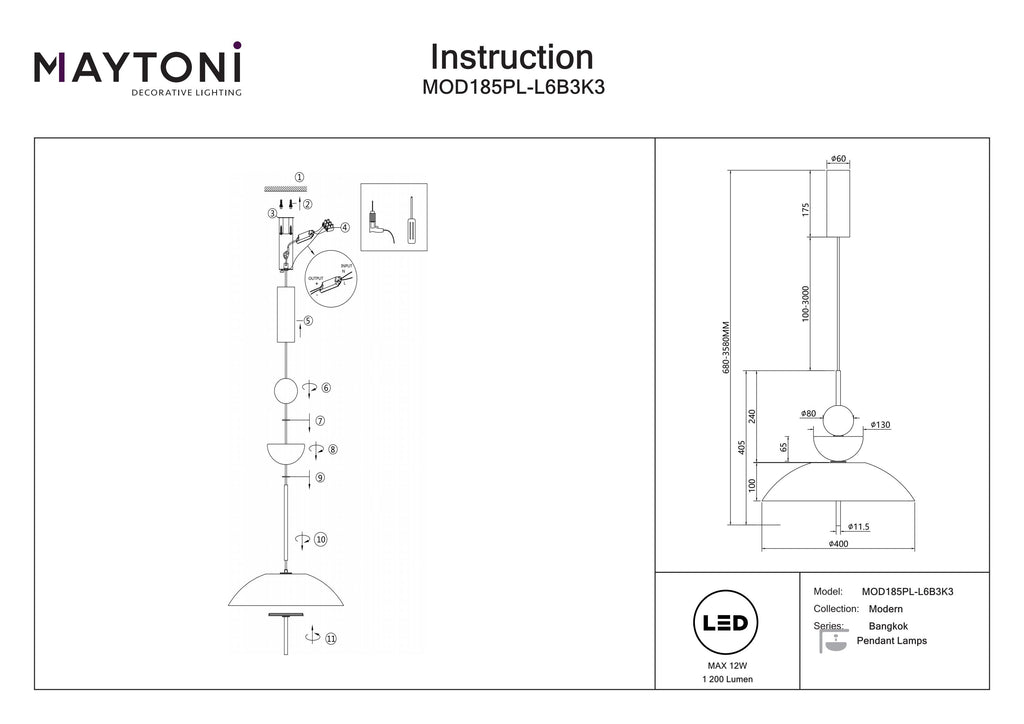 Lampa wisząca Maytoni Bangkok IP20 x MOD185PL-L6B3K3 | Czarny