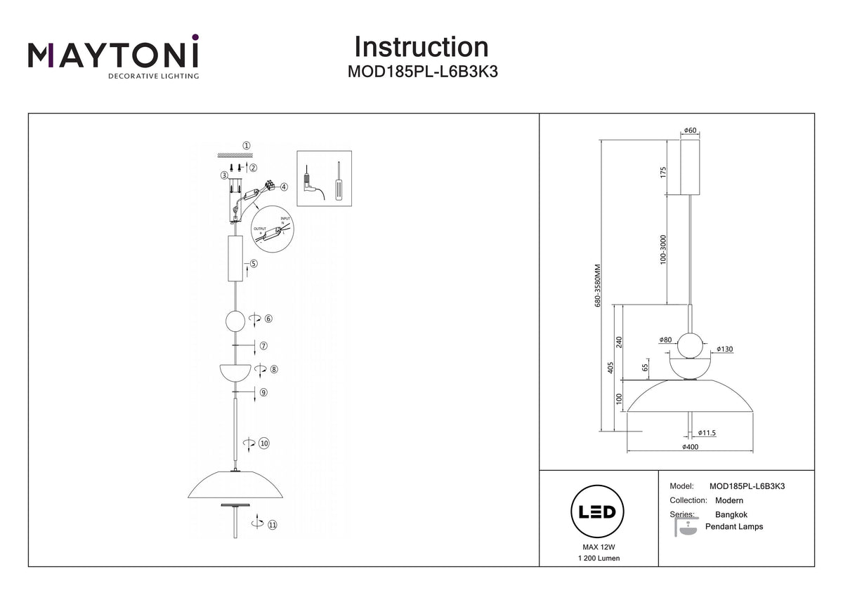 Lampa wisząca Maytoni Bangkok IP20 x MOD185PL-L6B3K3 | Czarny