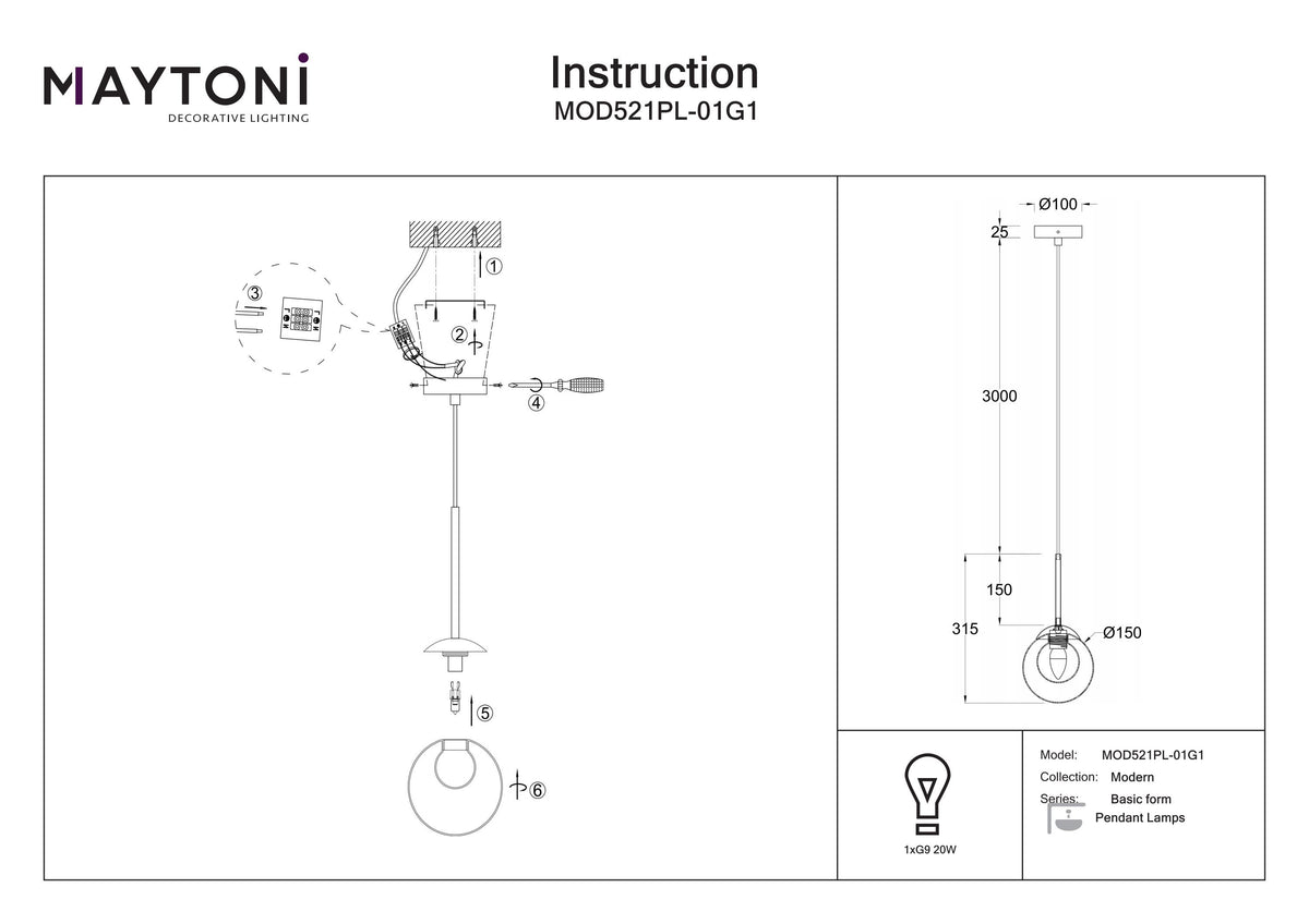 Lampa wisząca Maytoni Basic form IP20 1xG9 MOD521PL-01G1 | Złoto