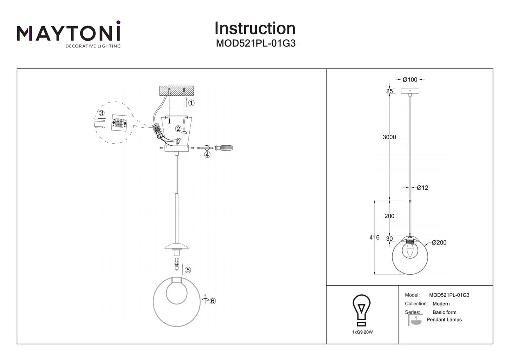 Lampa wisząca Maytoni Basic form IP20 1xG9 MOD521PL-01G3 | Złoto