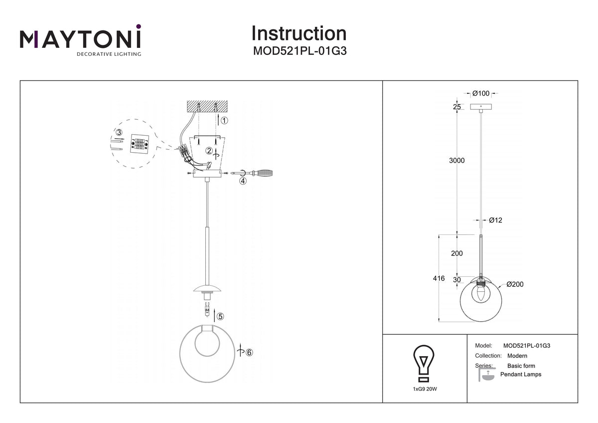 Lampa wisząca Maytoni Basic form IP20 1xG9 MOD521PL-01G3 | Złoto