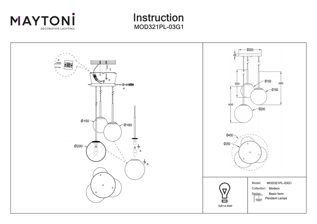 Lampa wisząca Maytoni Basic form IP20 3xE14 MOD321PL-03G1 | Złoto