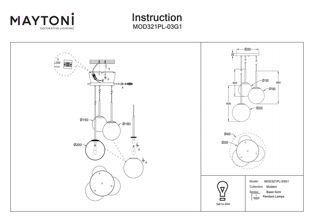 Lampa wisząca Maytoni Basic form IP20 3xE14 MOD321PL-03G1 | Złoto