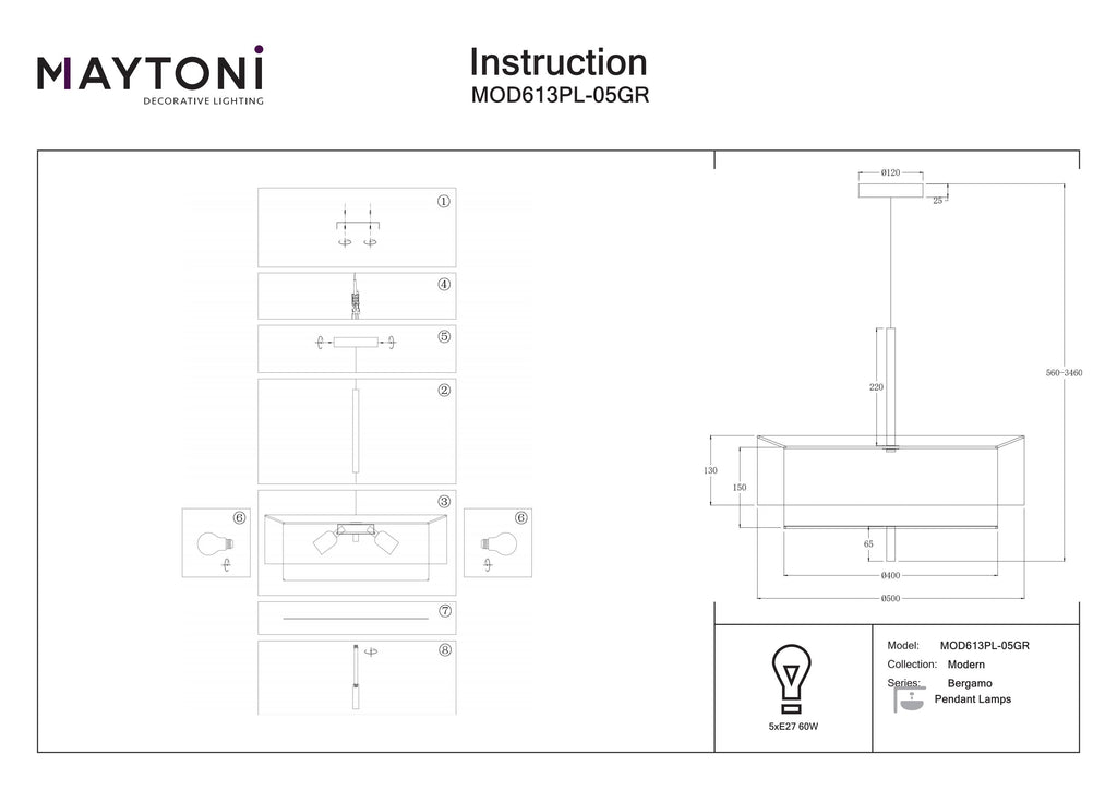Lampa wisząca Maytoni Bergamo IP20 5xE27 MOD613PL-05GR | Czarny