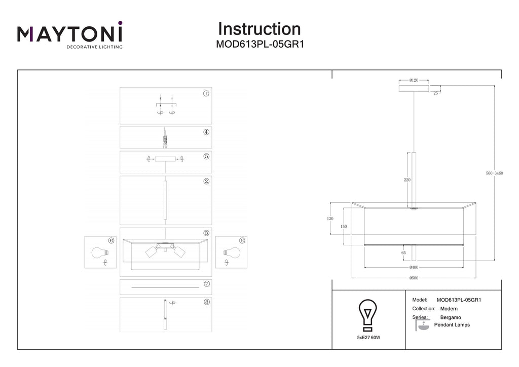 Lampa wisząca Maytoni Bergamo IP20 5xE27 MOD613PL-05GR1 | Czarny