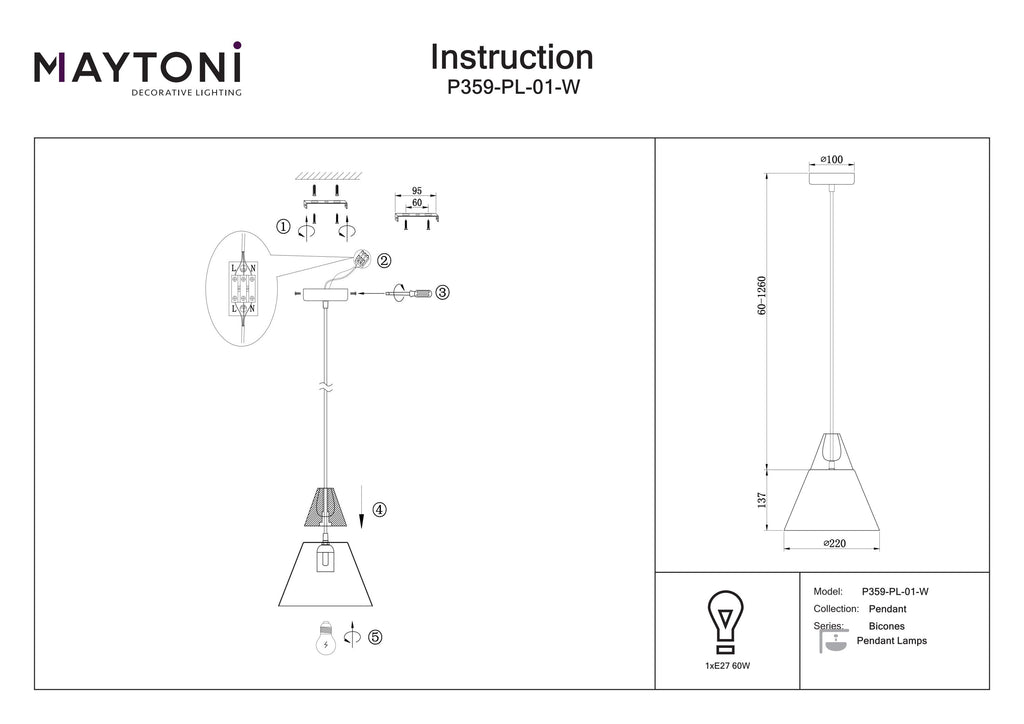 Lampa wisząca Maytoni Bicones IP20 1xE27 P359-PL-01-W | Biały