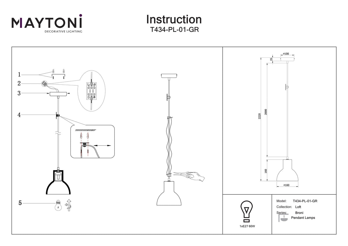 Lampa wisząca Maytoni Broni IP20 1xE27 T434-PL-01-GR | Czarny