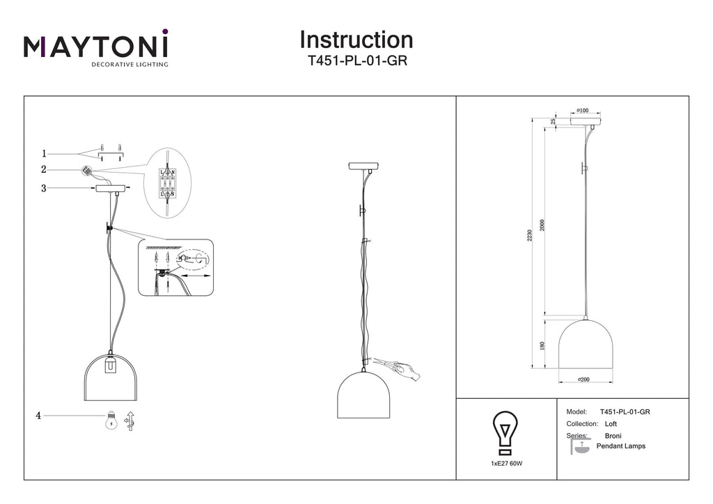 Lampa wisząca Maytoni Broni IP20 1xE27 T451-PL-01-GR | Czarny