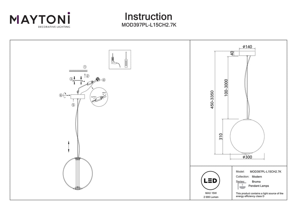 Lampa wisząca Maytoni Bruma IP20 x MOD397PL-L15CH2.7K | Chrom