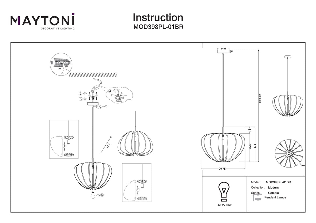 Lampa wisząca Maytoni Cambio IP20 1xE27 MOD398PL-01BR | Czarny