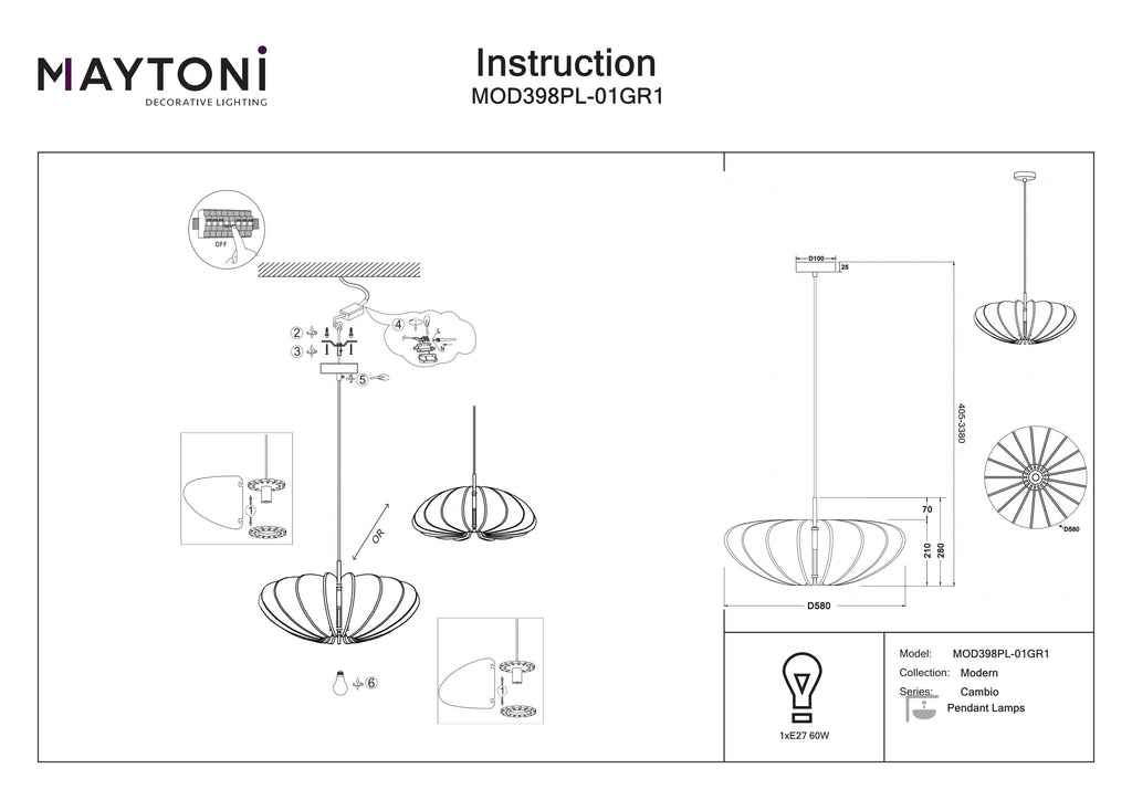 Lampa wisząca Maytoni Cambio IP20 1xE27 MOD398PL-01GR1 | Czarny