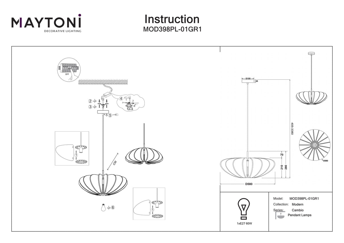 Lampa wisząca Maytoni Cambio IP20 1xE27 MOD398PL-01GR1 | Czarny