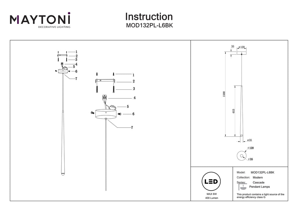 Lampa wisząca Maytoni Cascade IP20 x MOD132PL-L6BK | Czarny