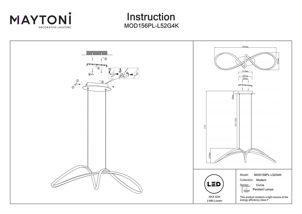 Lampa wisząca Maytoni Curve IP20 x MOD156PL-L52G4K | Złoto