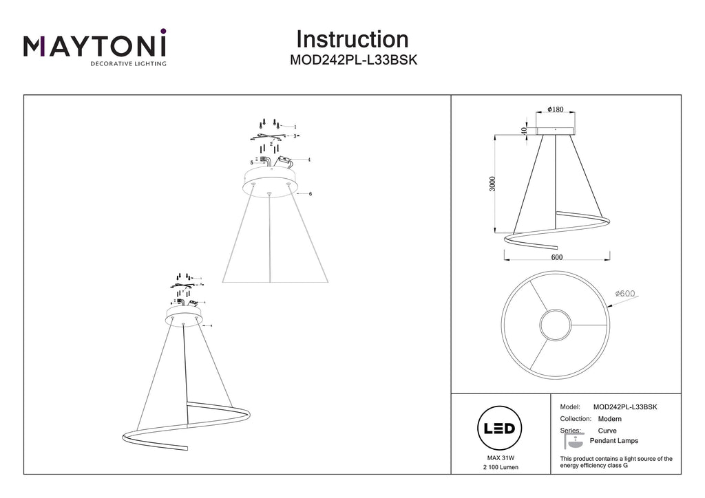 Lampa wisząca Maytoni Curve IP20 x MOD242PL-L33BSK | Mosiądz
