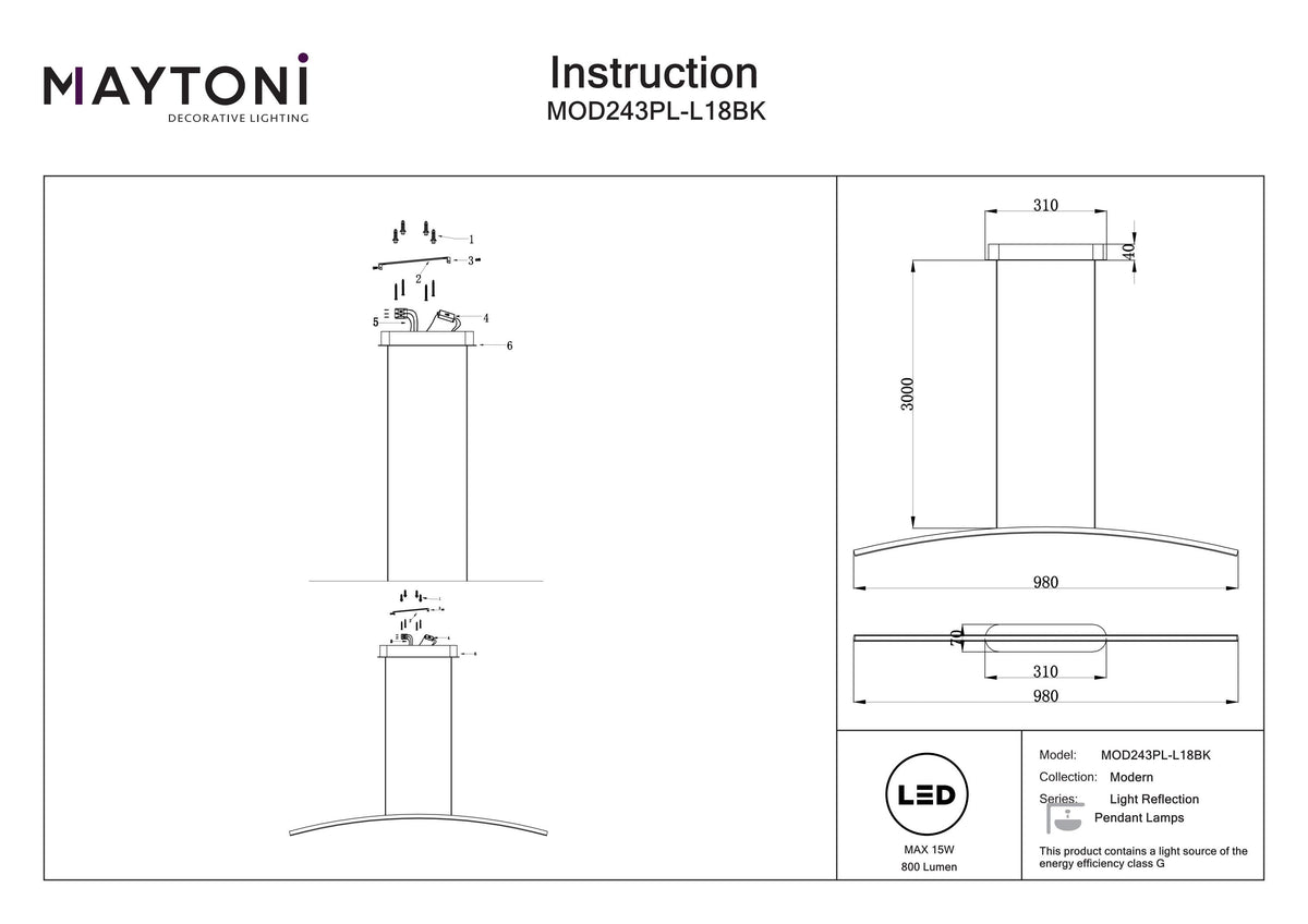 Lampa wisząca Maytoni Curve IP20 x MOD243PL-L18BK | Czarny
