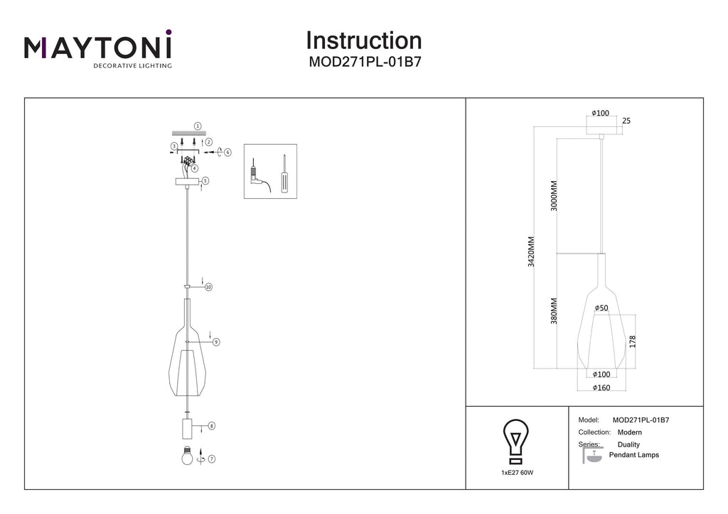 Lampa wisząca Maytoni Duality IP20 1xE27 MOD271PL-01B7 | Czarny