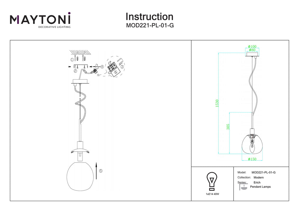 Lampa wisząca Maytoni Erich IP20 1xE14 MOD221-PL-01-G | Mosiądz